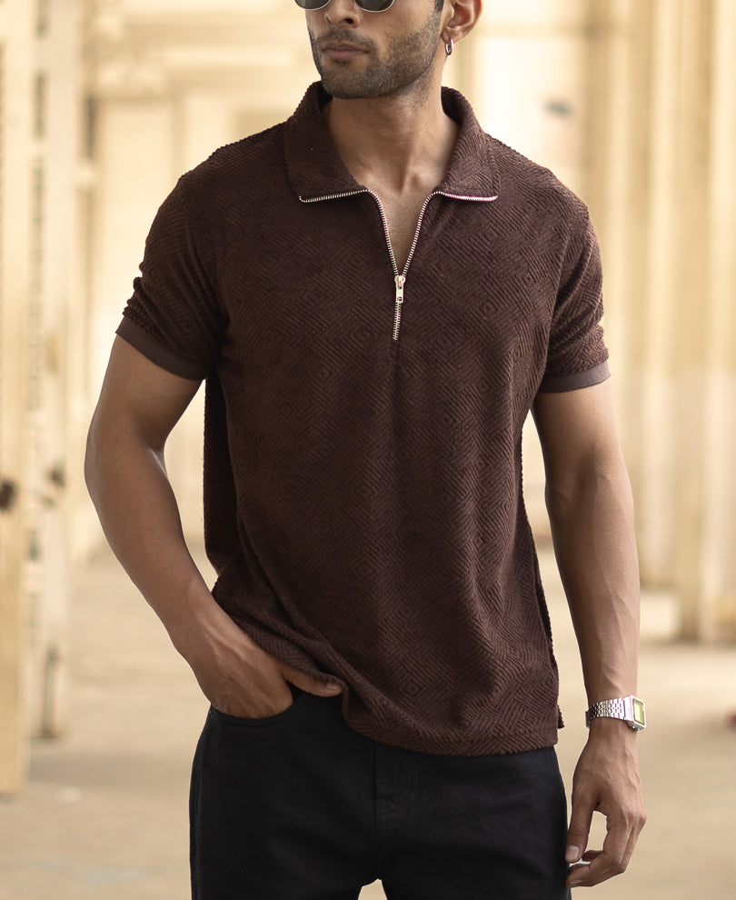 Brown Jacquard Regular Fit Half Sleeves T-Shirt