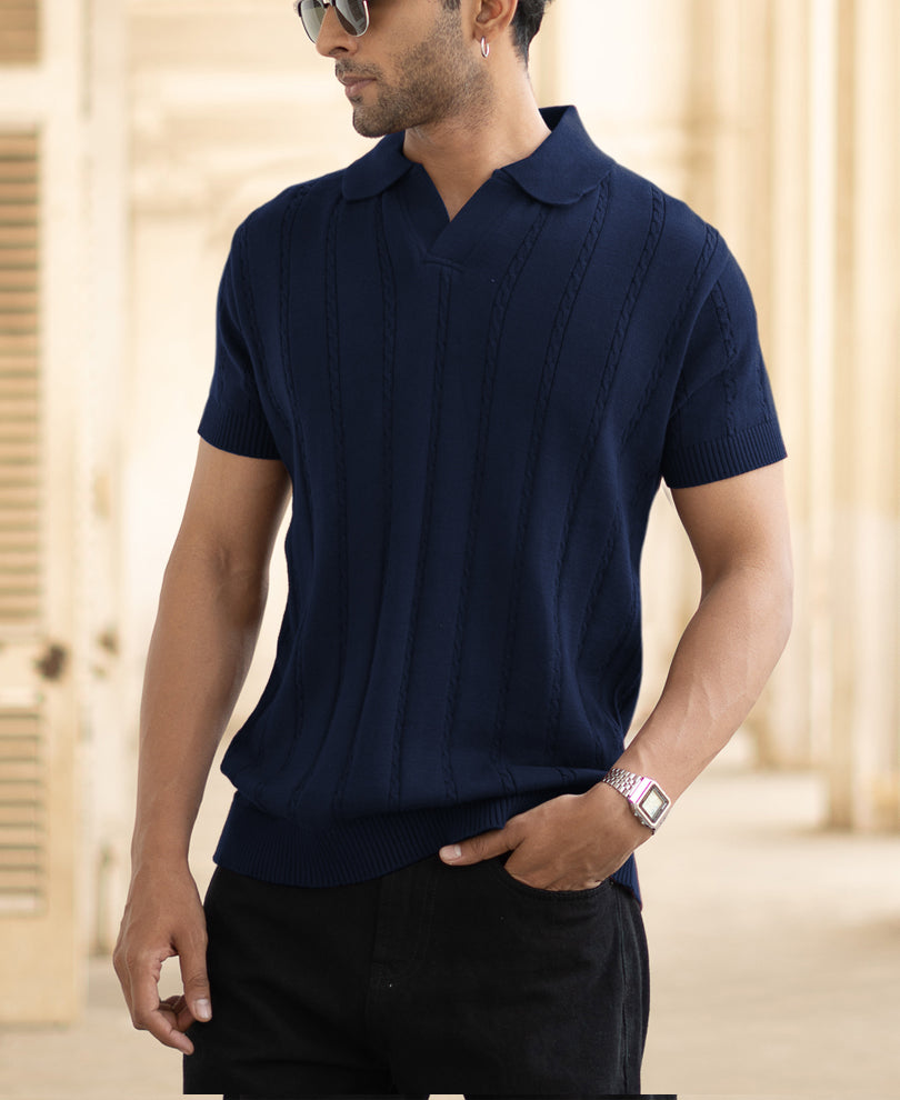 Navy Blue Knitted Polo T-Shirt