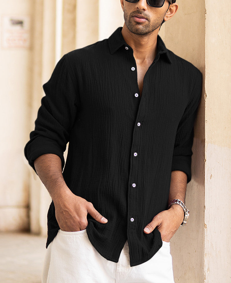 Black Regular Fit Structured Full Sleeves Shirt