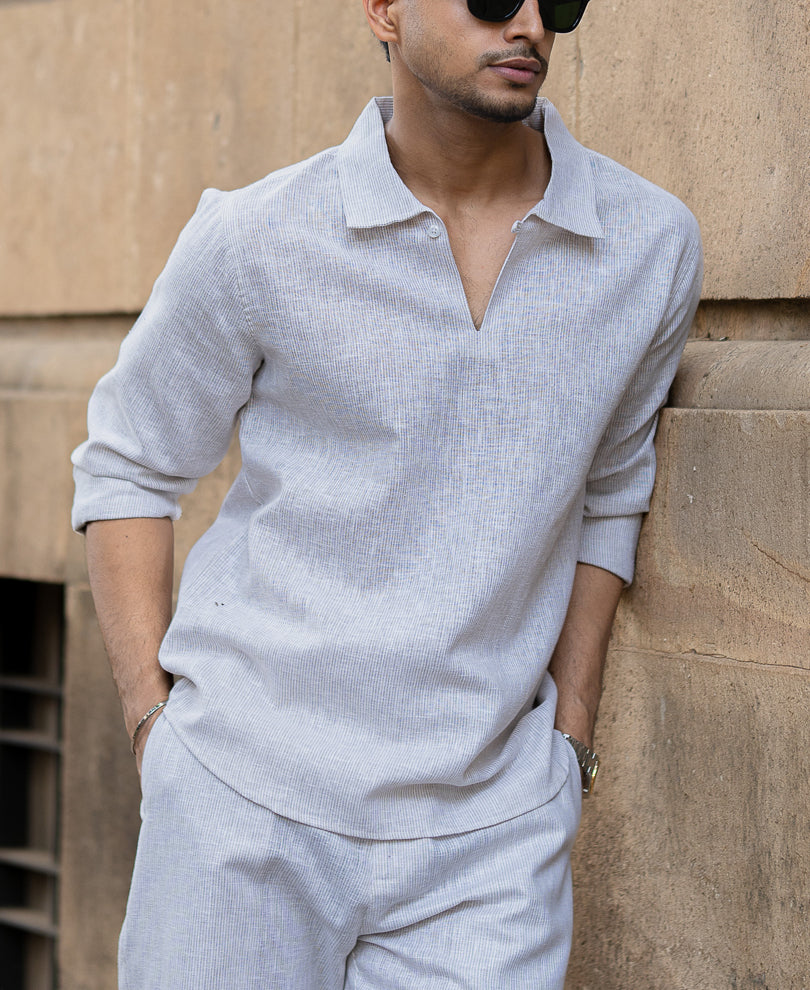 Light Beige Stripes Regular Kurt Style Shirt