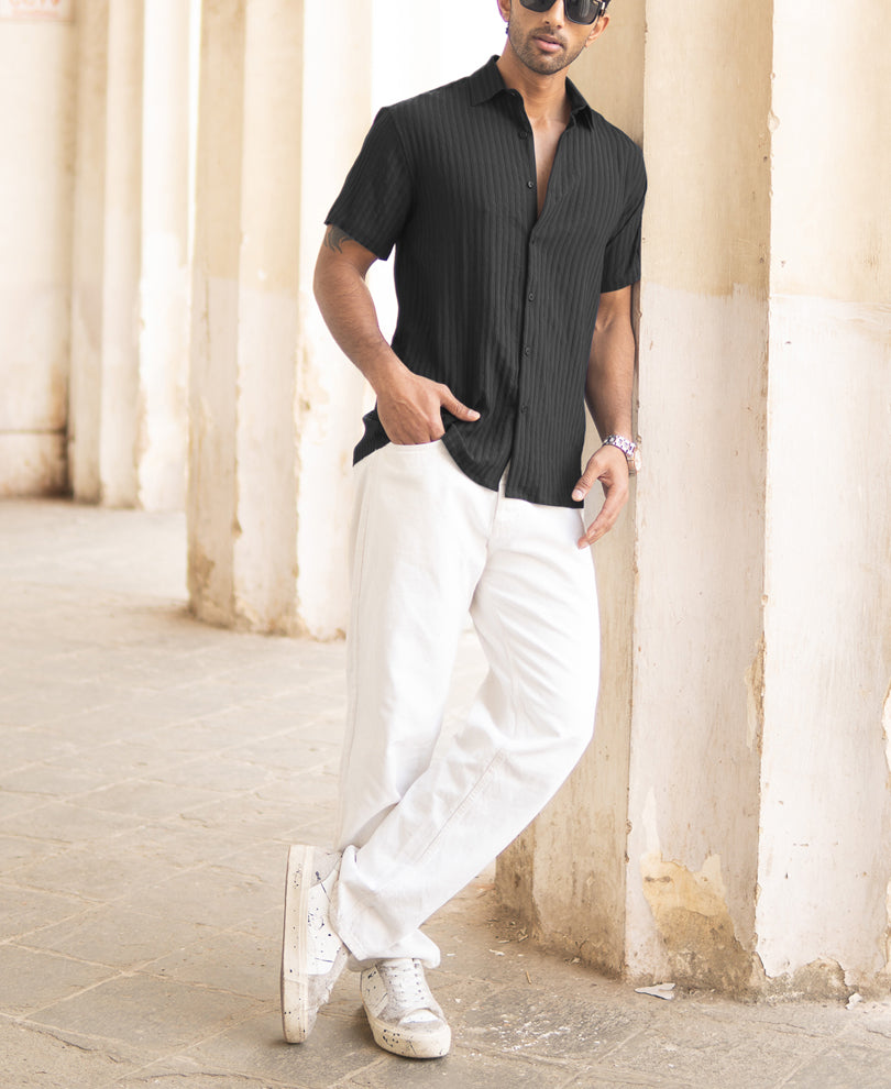 Black Stripe Regular Fit Half Sleeves Shirt.