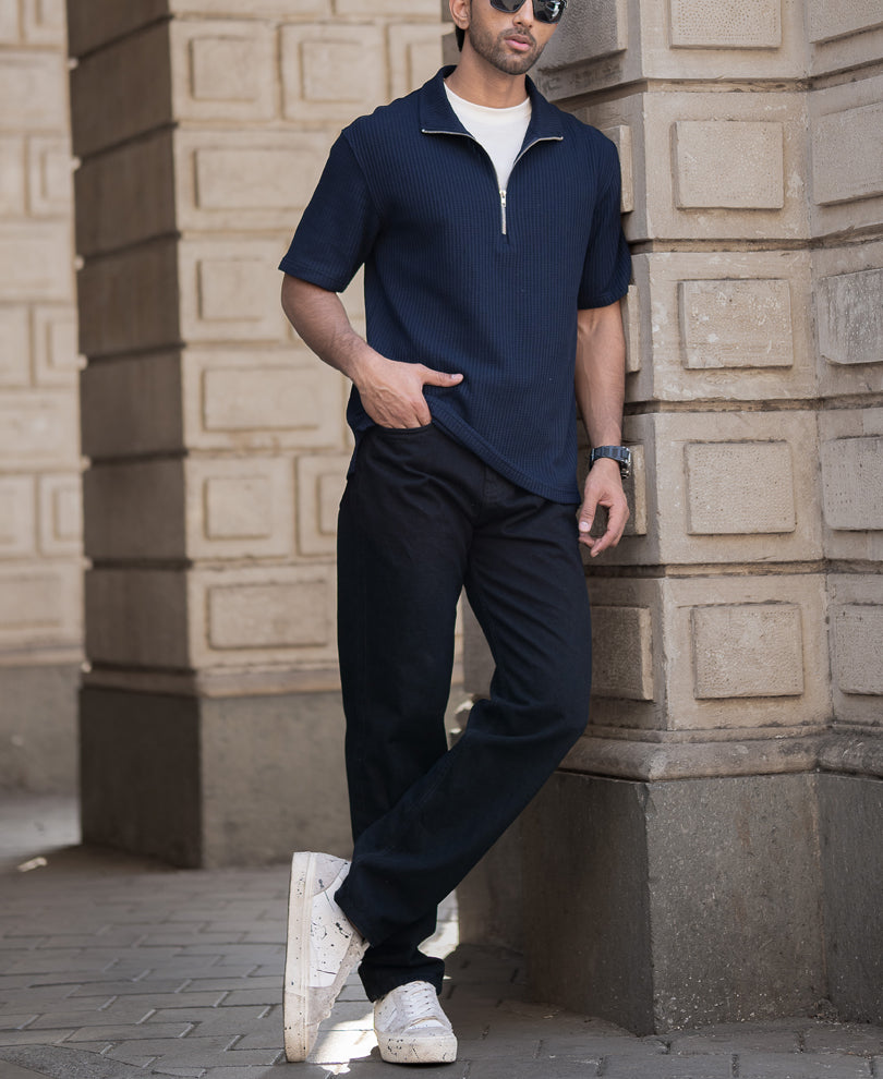 Navy Waffle Oversized Half Sleeves T-Shirt