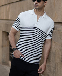 Black Stripe Knit Zipper Regular Fit T-Shirt