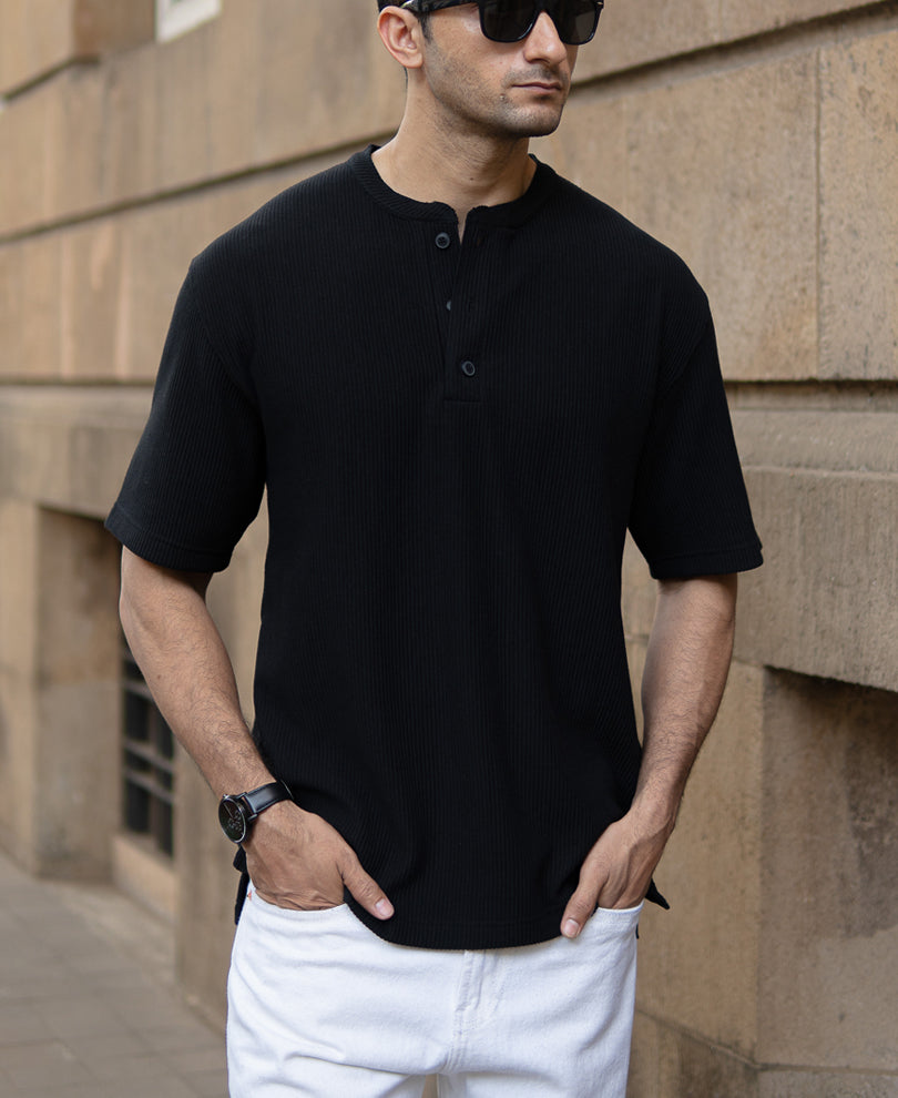 Black Knitted Henley T-Shirt