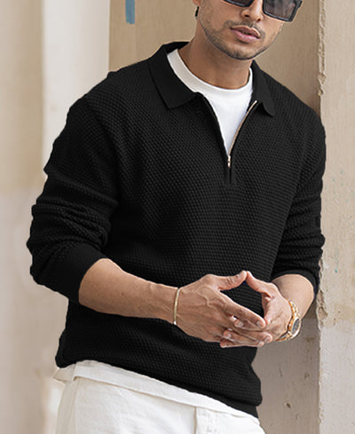 Black Regular Fit Full Sleeves Structured T-Shirt
