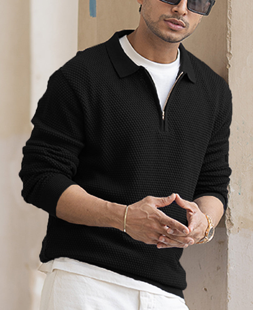 Black Regular Fit Full Sleeves Structured T-Shirt