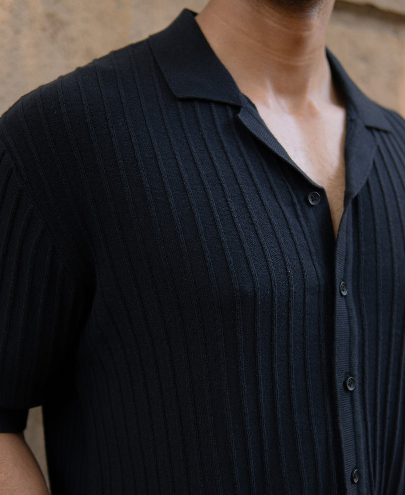 Black Rib Knit Cuban Shirt