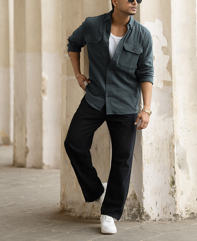 Dark Green Regular Fit Plain Full Sleeves Shirt