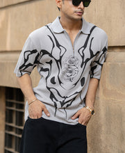 Grey Structured Print Polo T-Shirt