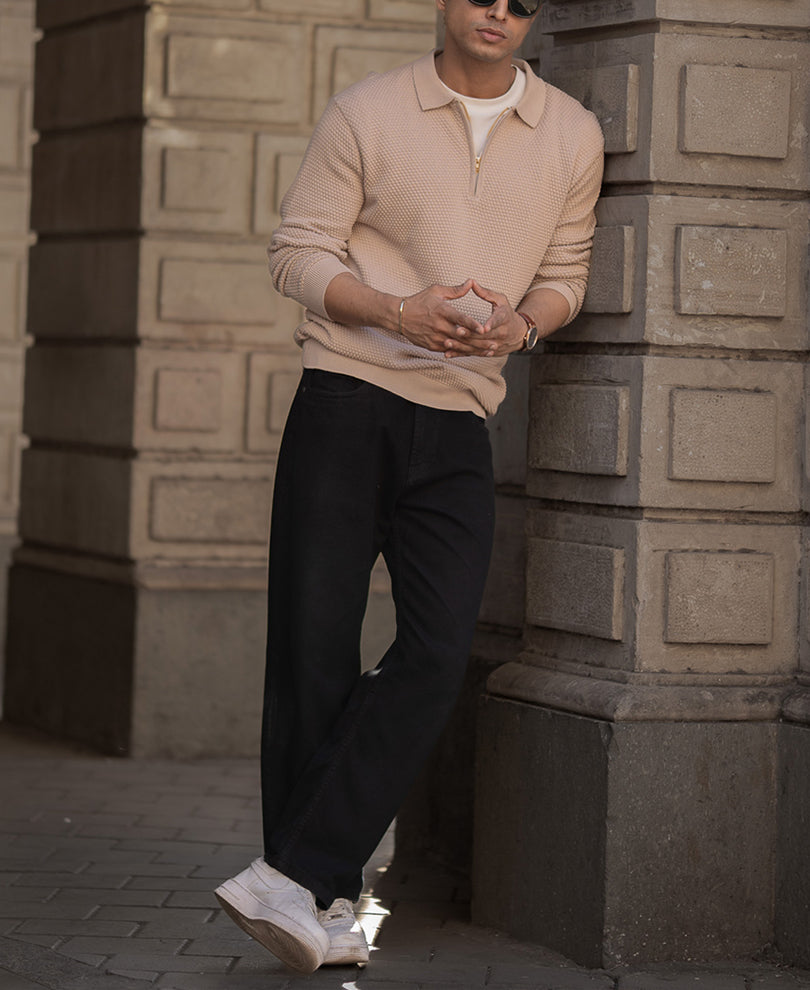 Beige Regular Fit Full Sleeves Structured T-Shirt