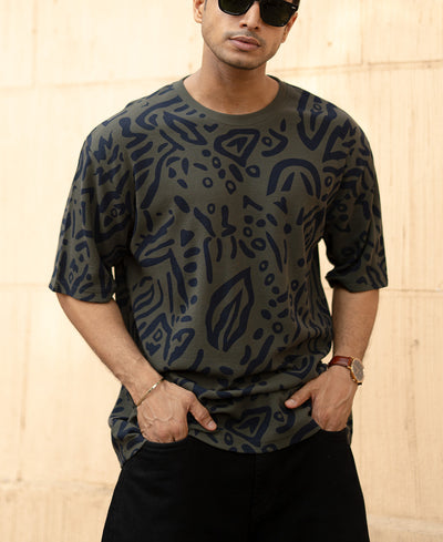Olive Abstract Leaf Printed T-Shirt