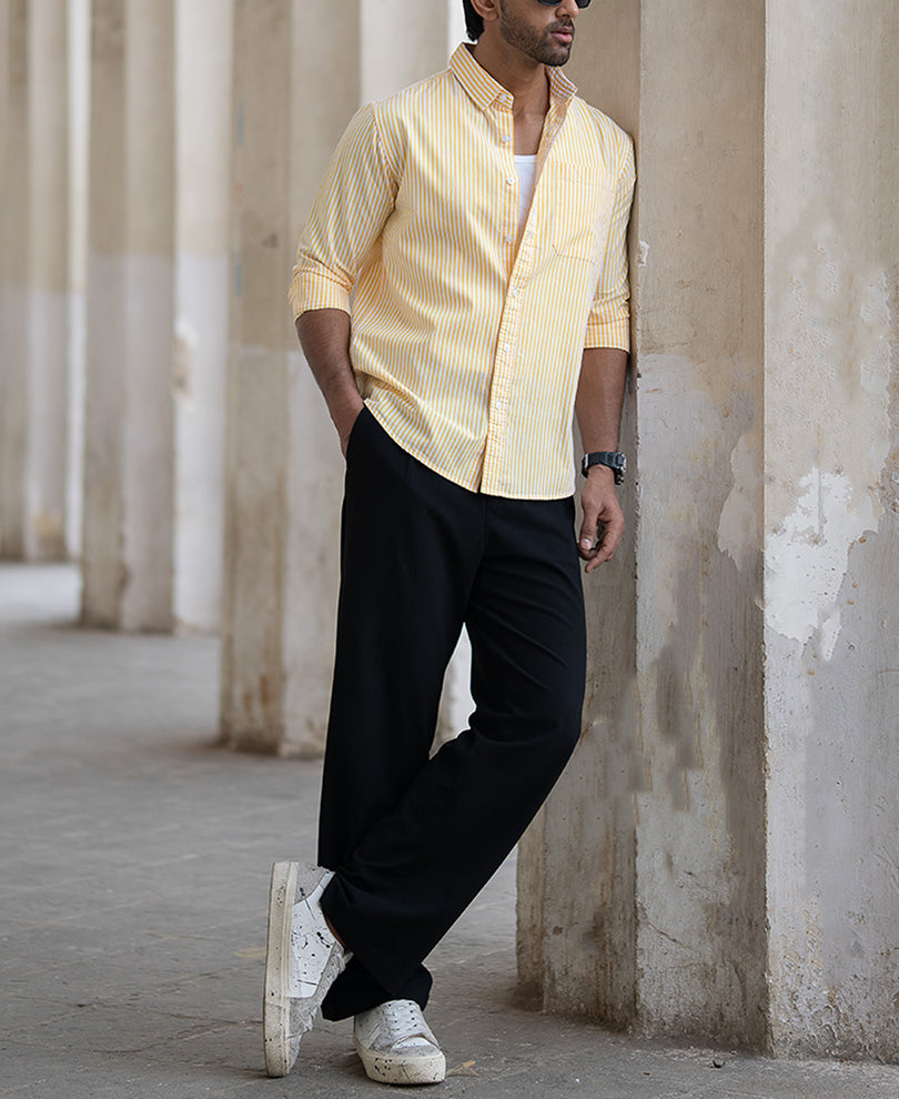 Yellow And White Stripes Regular Fit Full Sleeves Shirt