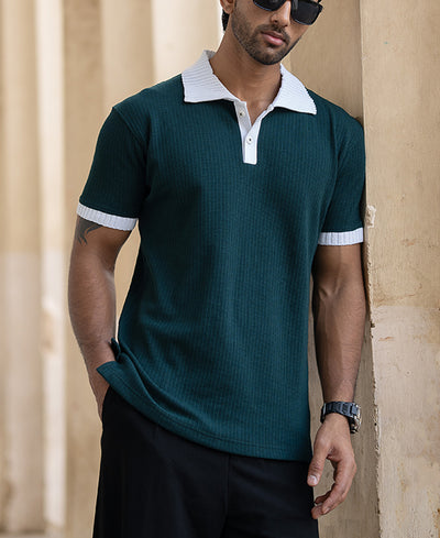 Green Bamboo Cord Regular Fit Half Sleeves T-Shirt