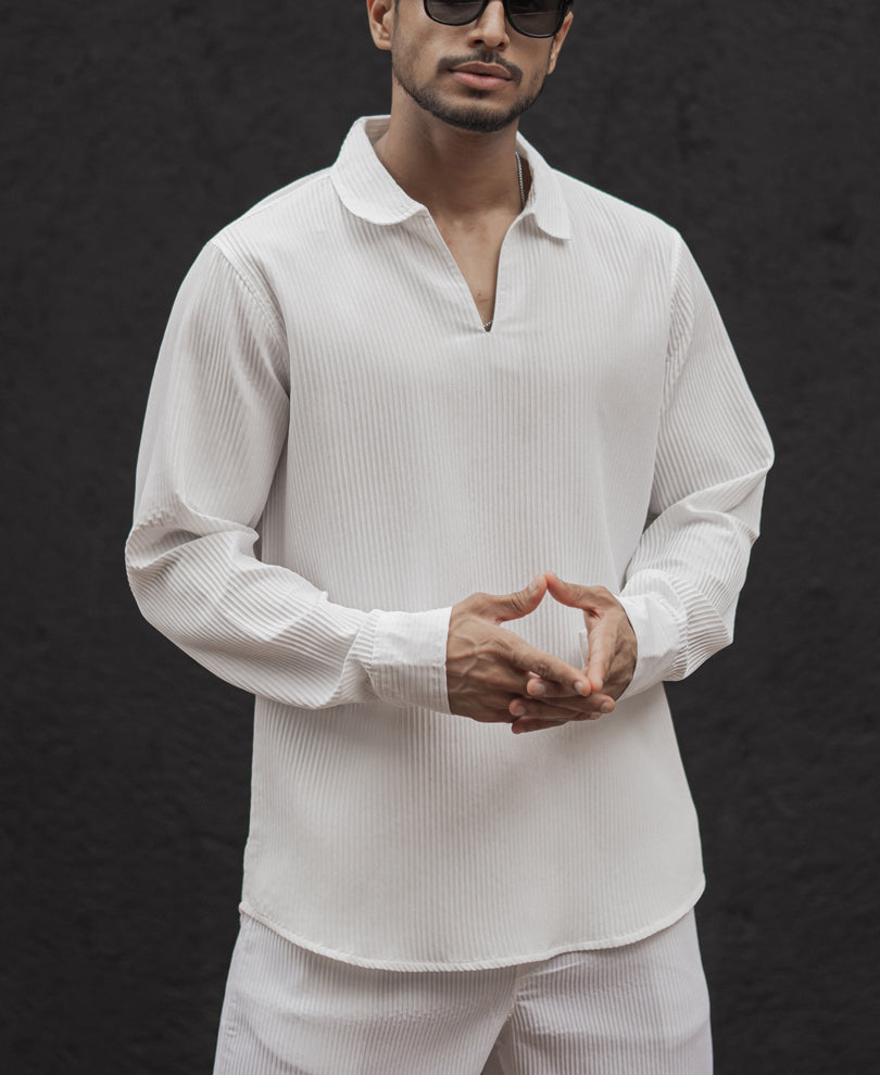 White Structured Regular Fit Full Sleeve Kurta Style Shirt