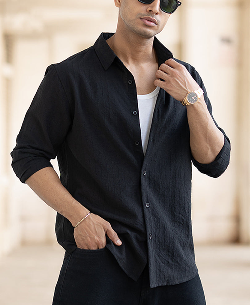 Black Striped Flowy Regular Fit Shirt