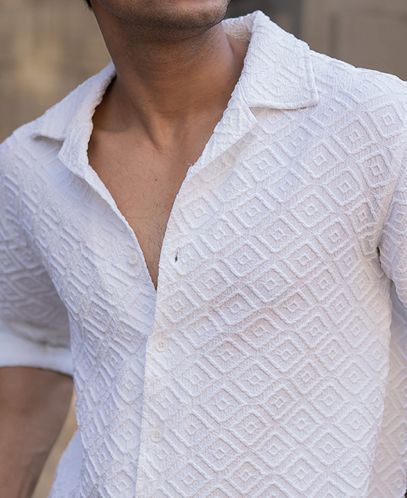 White Geometric Jacquard Shirt
