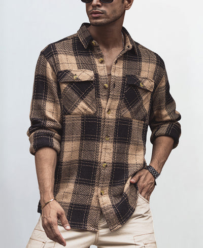 Beige & Black Checked Regular Fit Full Sleeve Overshirt