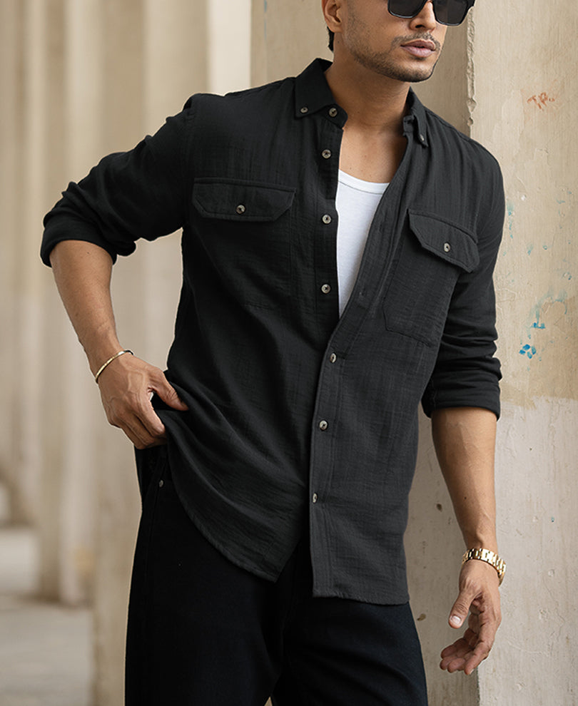 Black Double Pocket Regular Fit Full Sleeves Shirt