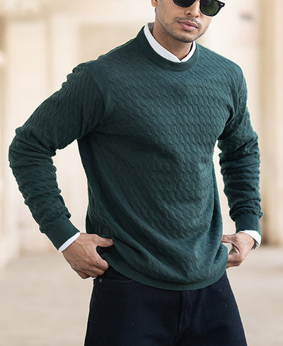 Olive Green Structured Regular Fit Full Sleeves T-Shirt