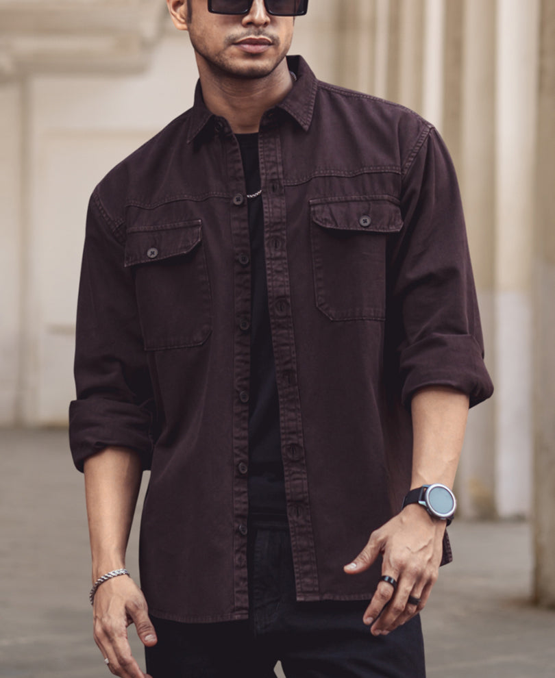 Dark Brown Denim Shacket Full Sleeves Shirt