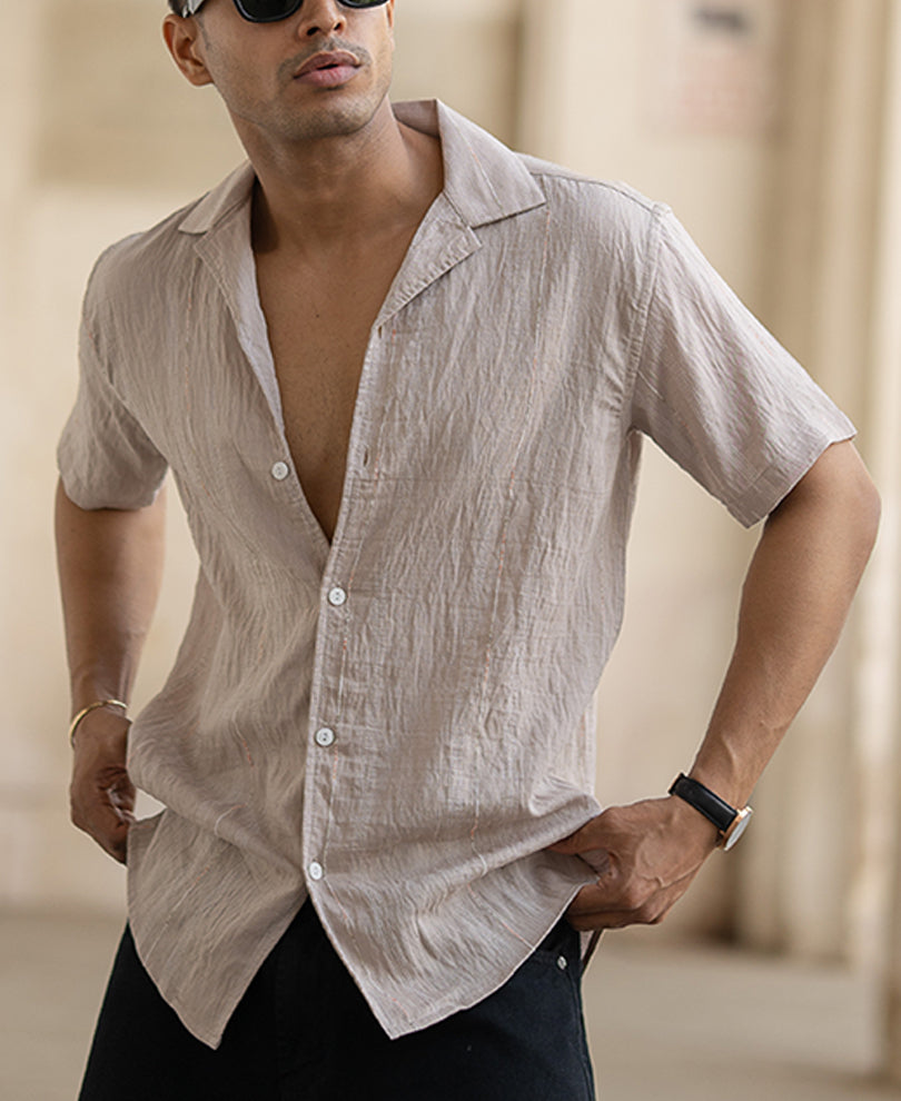 Lt Brown Micro Striped Flowy Shirt