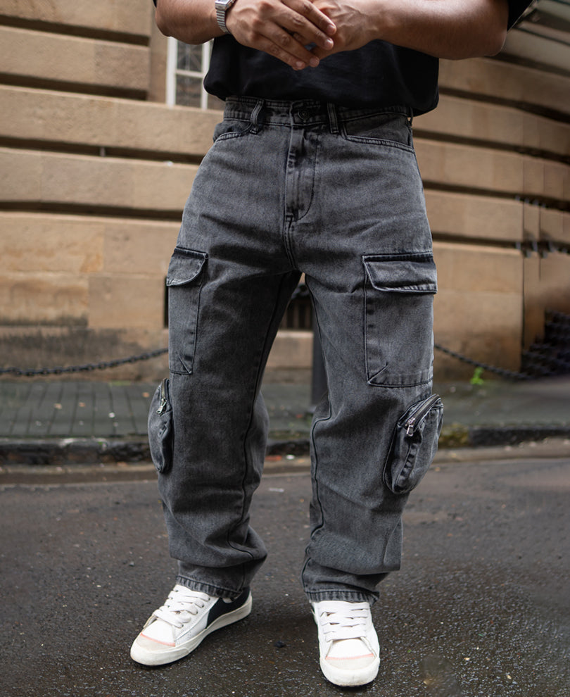 Carbon Black Baggy Fit Cargo Jeans