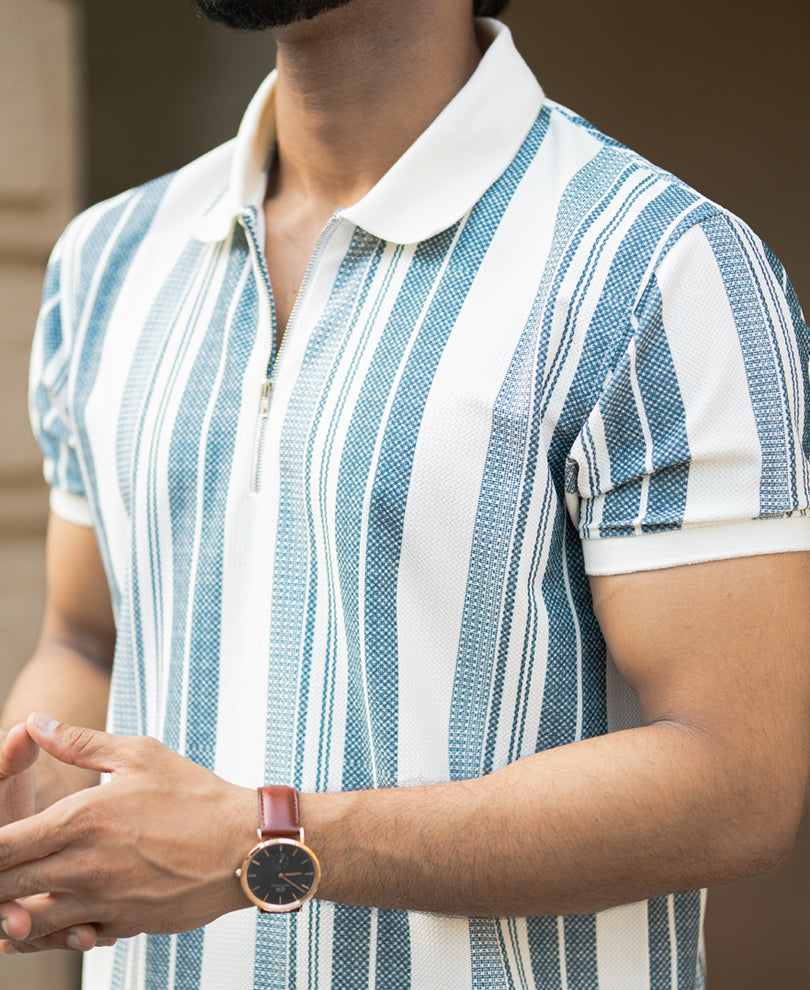 Off-White And Blue Striped Regular Fit Full Sleeves T-Shirt