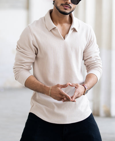 Beige Corduroy Regular Fit Full Sleeves T-Shirt