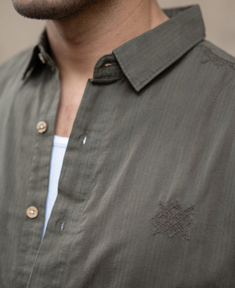 Olive Structure Embroidered Shirt
