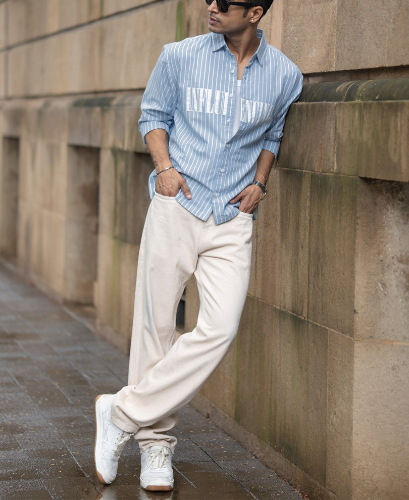 Blue Oversize Stripe Shirt With Print