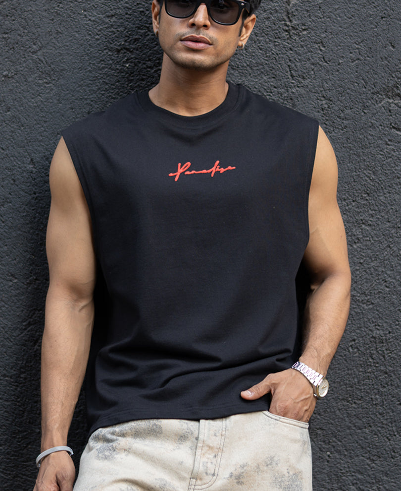 Black Slogan Print Vest.