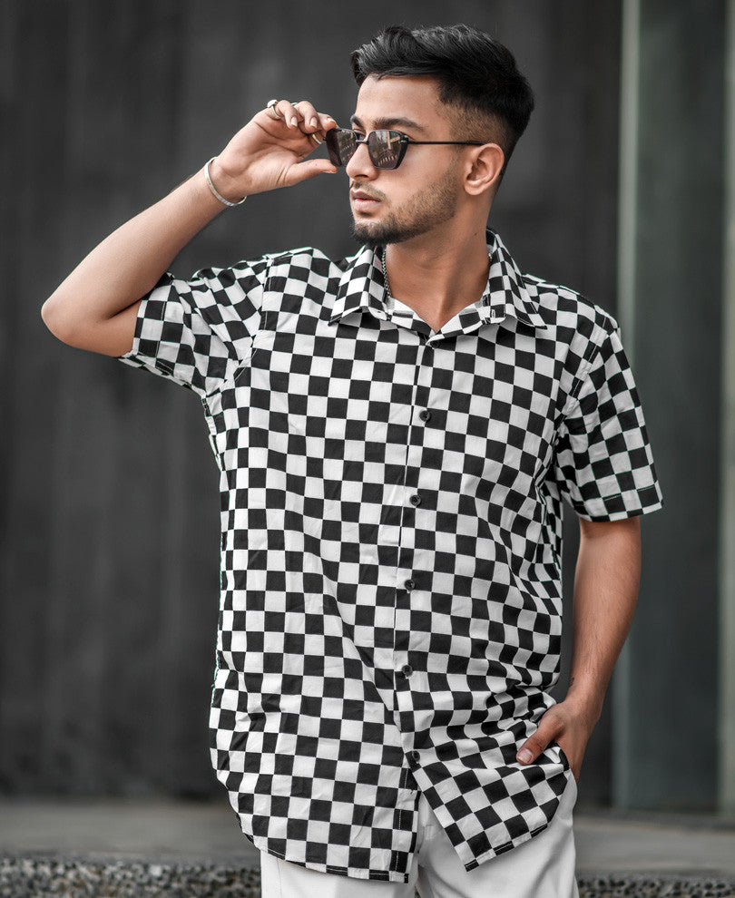 White and Black Check Print Half Sleeves Shirt