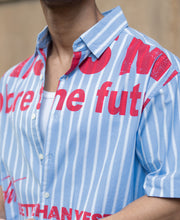 Blue Slogan Print Stripe Shirt.