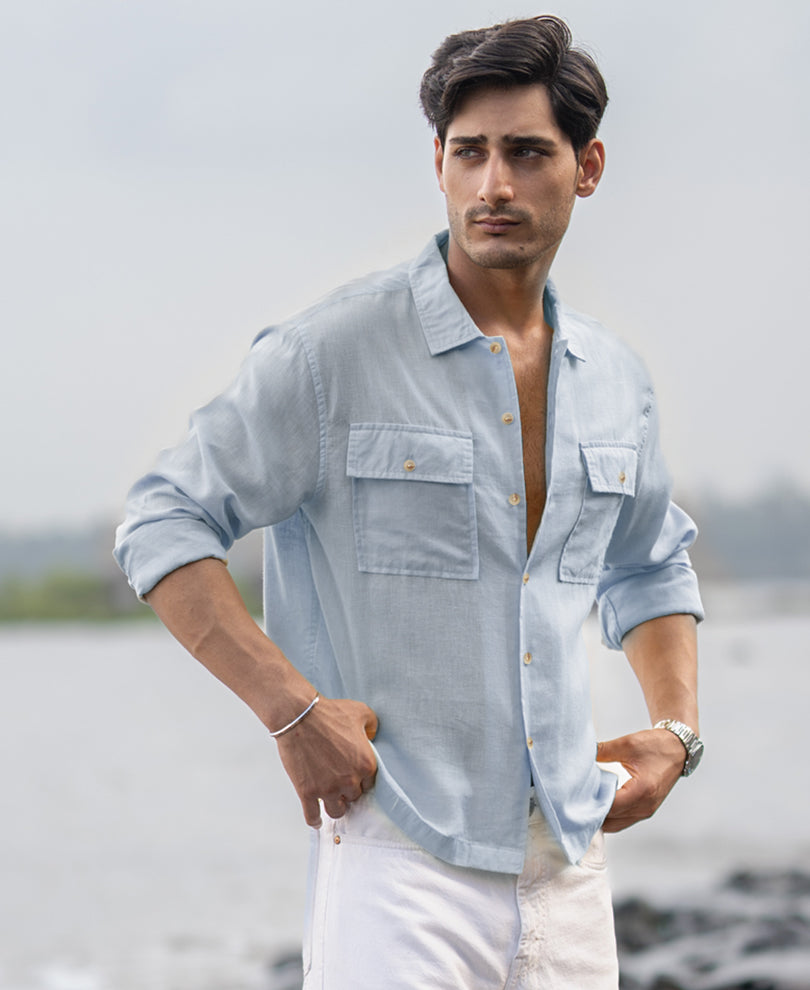Light Blue Linen Double Pocket Shirt