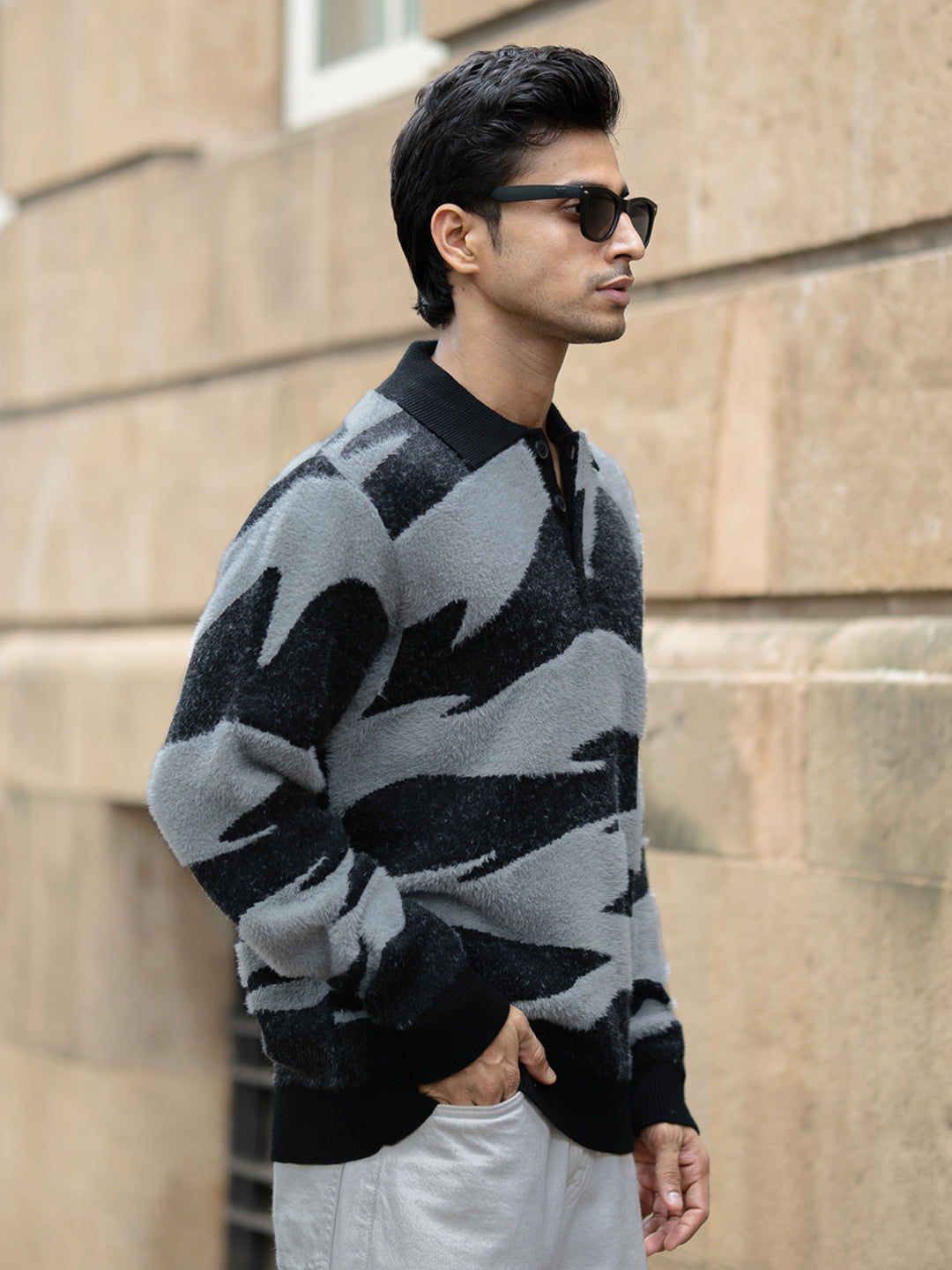 Black Abstract Jacquard Knit Polo Sweater