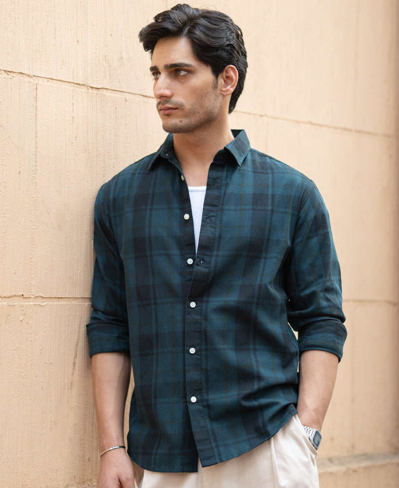 Dark Teal Structured Checks Shirt