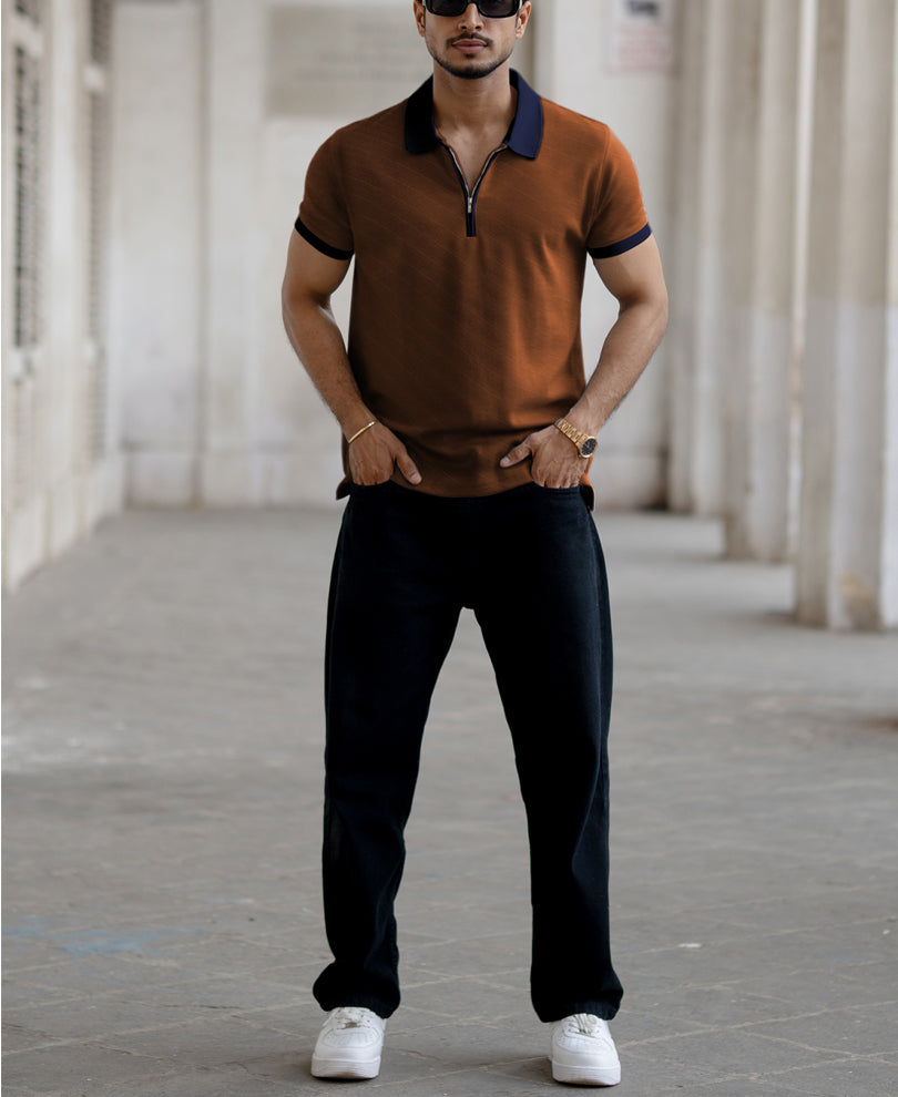 Dark Tan Contrast Collar Zipper T-Shirt