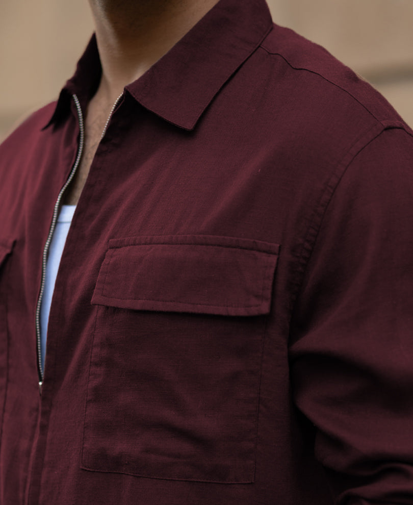 Wine Linen Blend Zipper Shirt