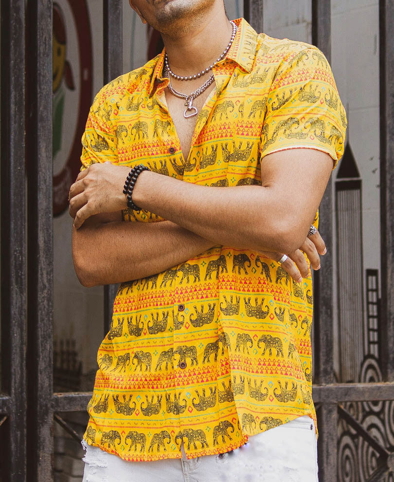 Yellow Elephant Print Half Sleeves Shirt