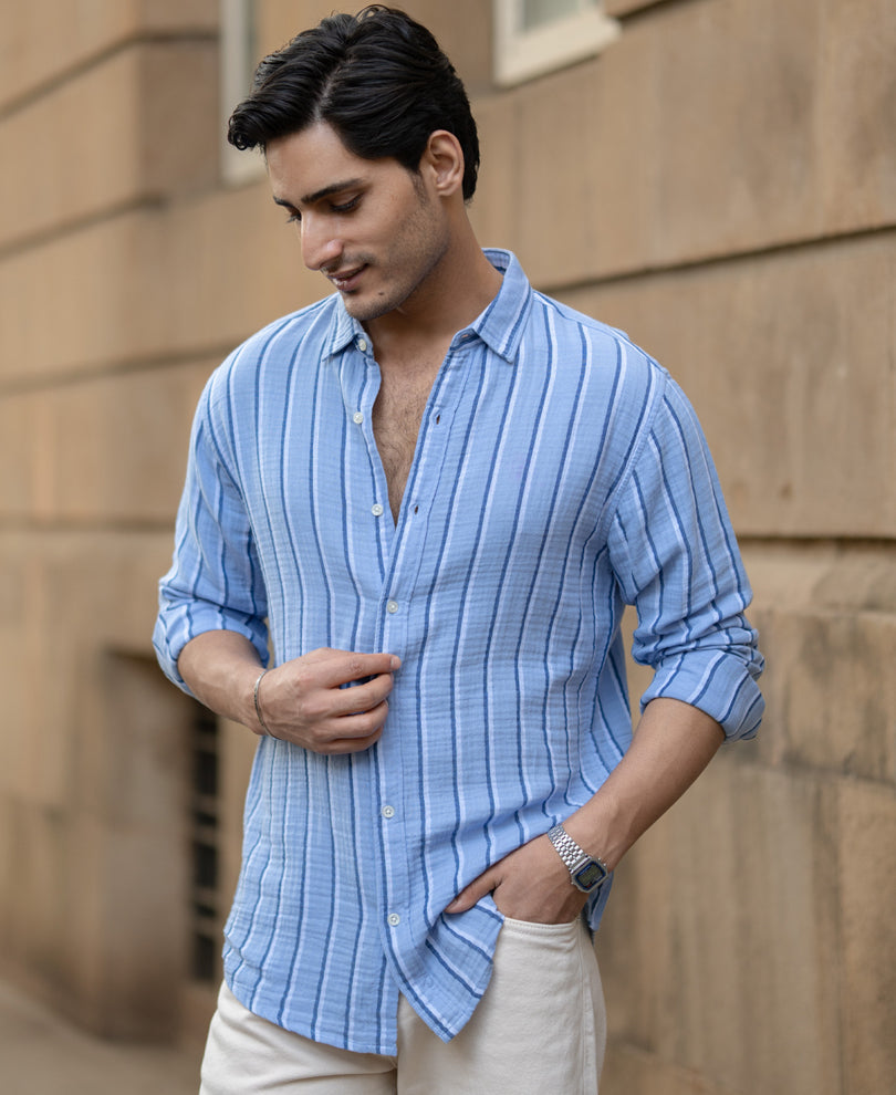 Blue Double Cloth Striped Shirt
