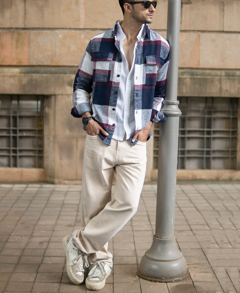 Navy And Wine Flannel Checks Shirt