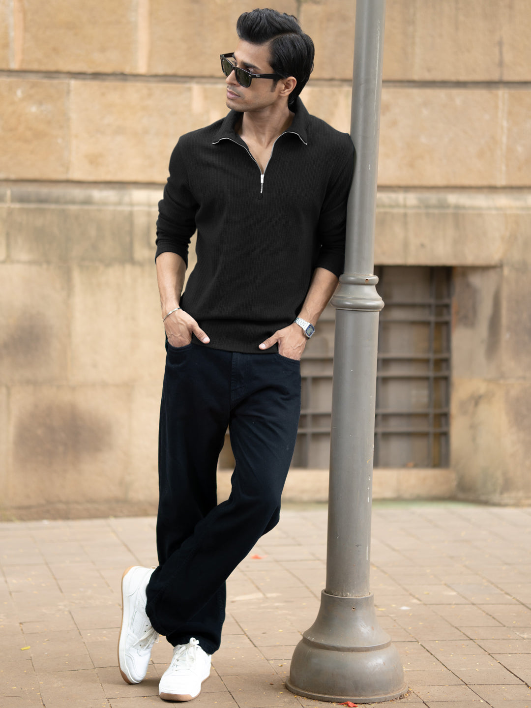 Black Knit Polo Zipper T-Shirt