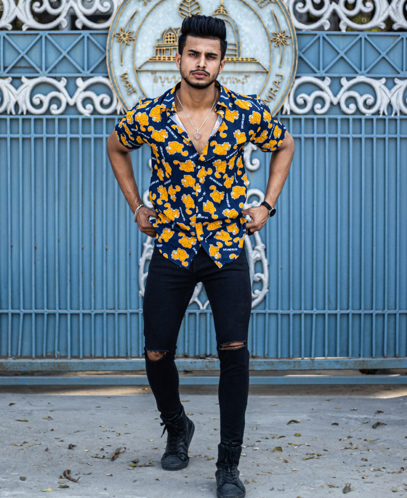Navy Blue Garfield Cat Printed Half Sleeves Shirt