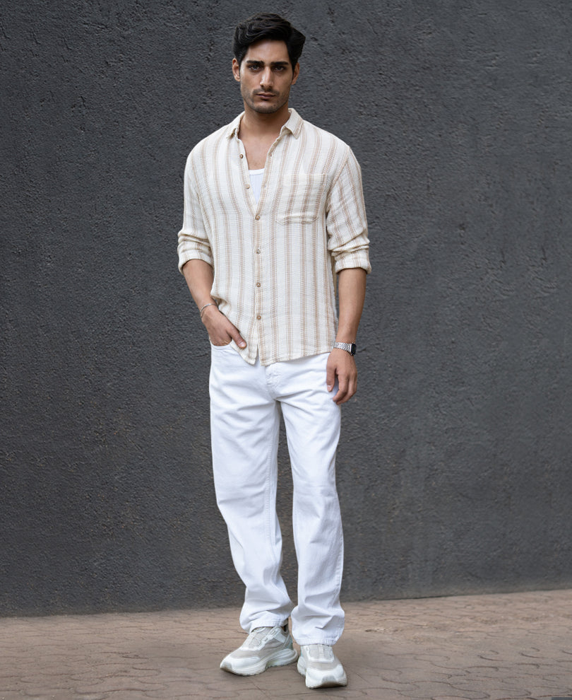 Cream & Beige Structured Stripe Shirt.