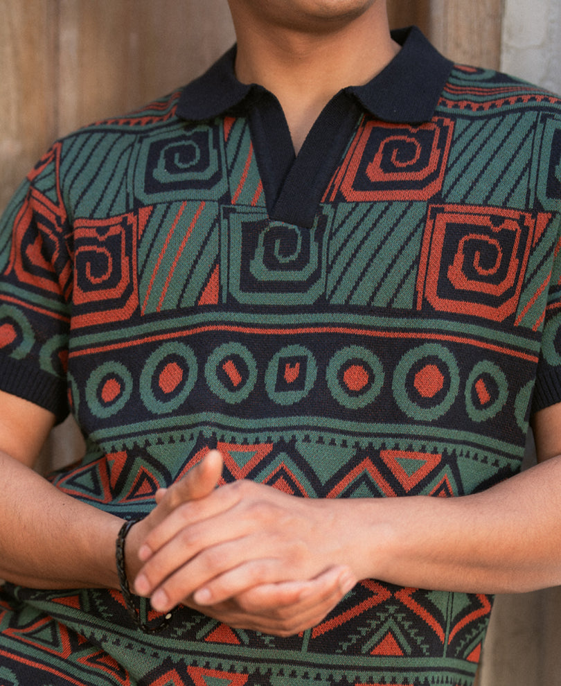 Multicolor Geometric Jacquard Knit T-Shirt 100% Cotton