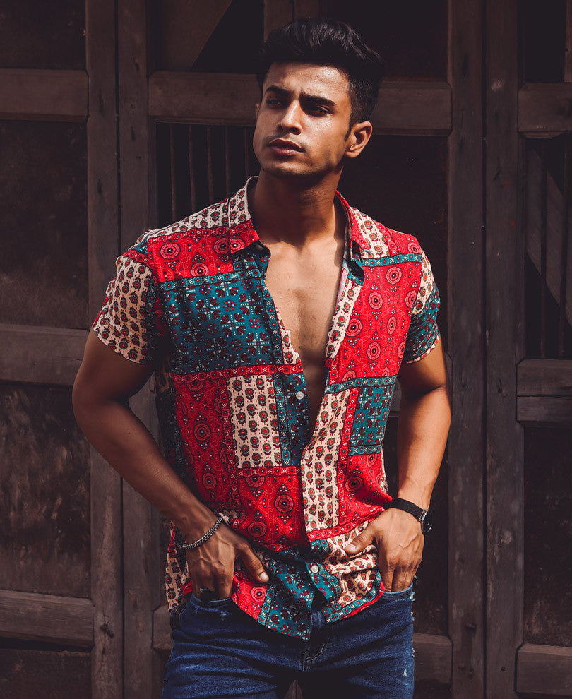 Red and Cream Patchwork Print Half Sleeves Shirt