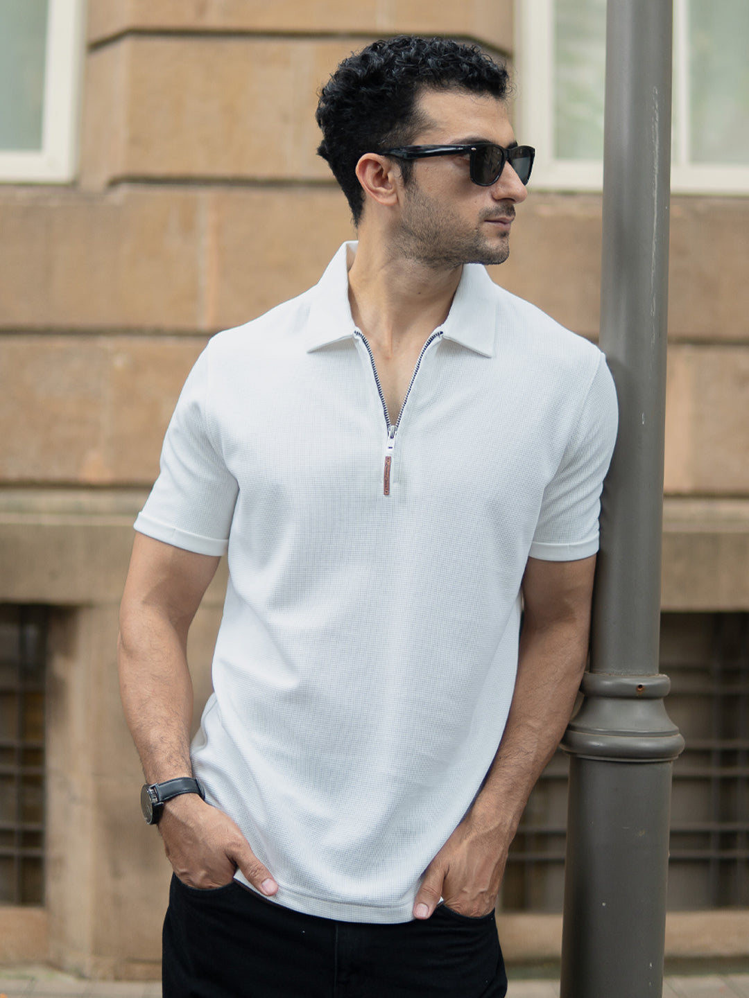 White Knit Zipper Polo T-Shirt