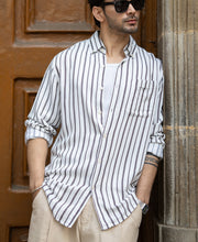 White Linen Blend Stripe Shirt.