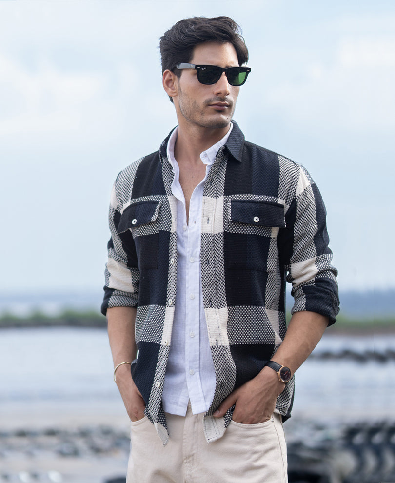 Navy Structured Checked Shirt