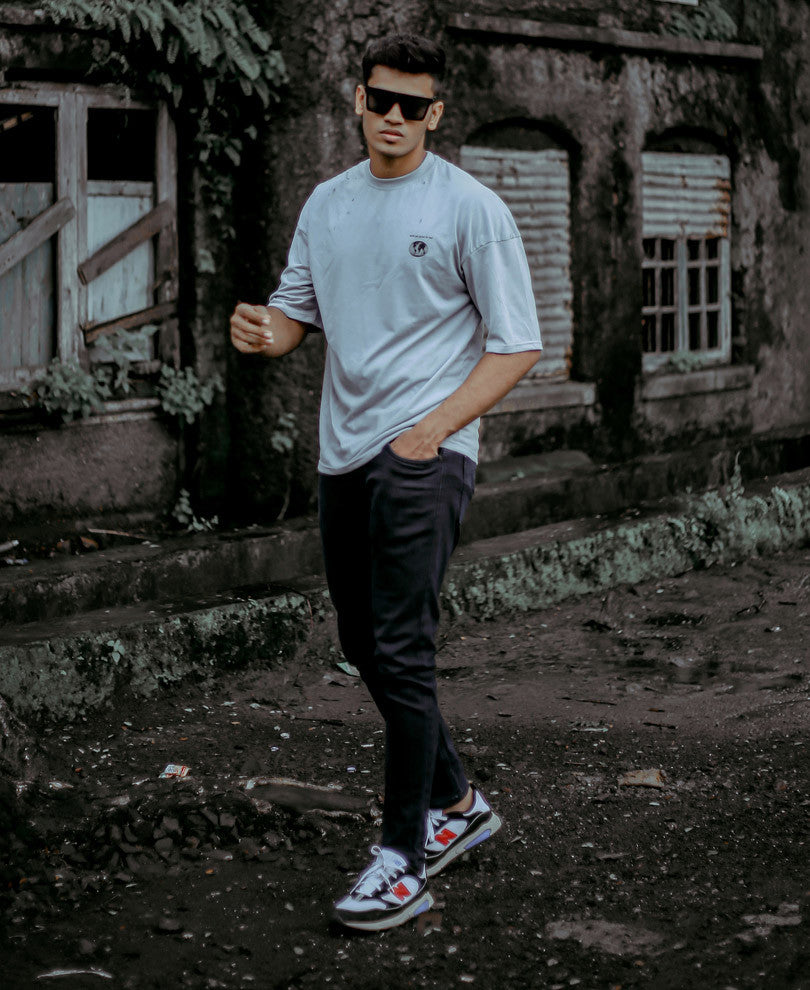 Grey Global Logo Print Oversize Drop Shoulder T Shirt